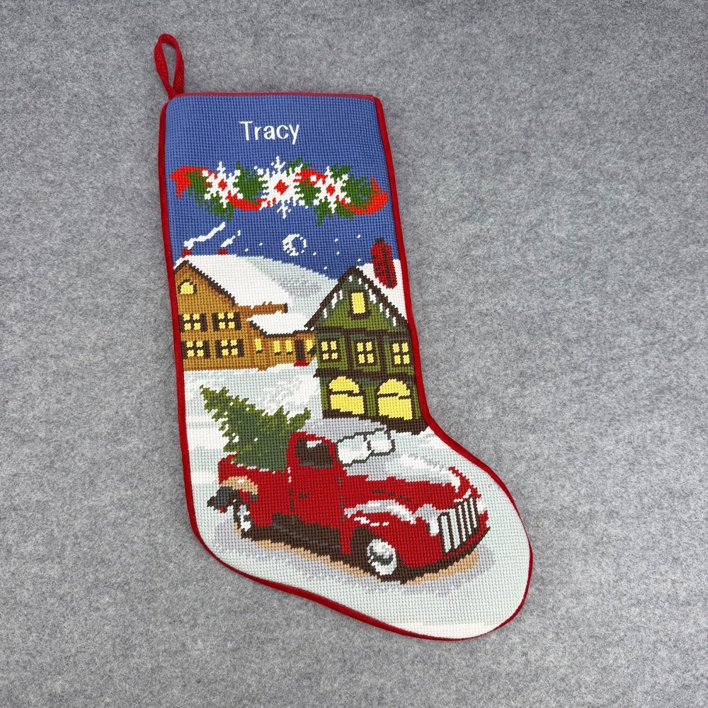 Needlepoint Christmas Stocking Tracy Red Truck Tree Winter Village Handmade 18"